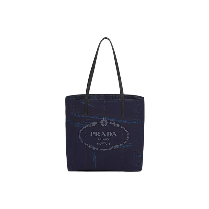 PRADA Printed Denim Tote Bag Shopping Bag Shoulder Bag Handbag Medium Size Women's Marine Blue/Black-0