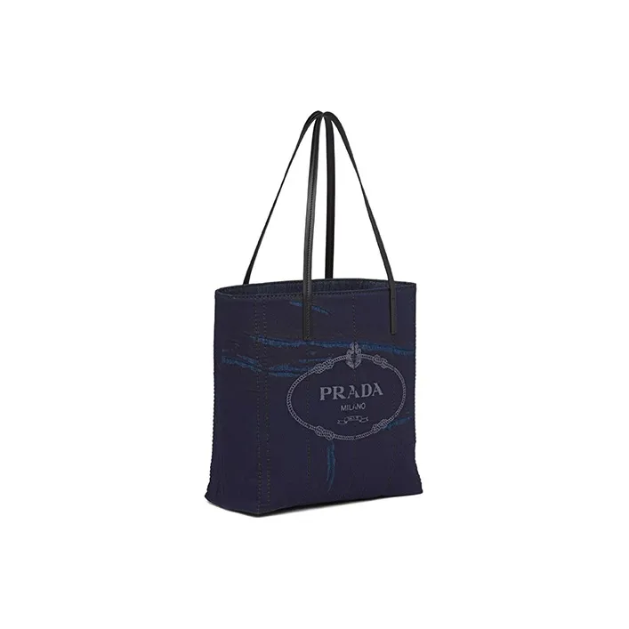 PRADA Printed Denim Tote Bag Shopping Bag Shoulder Bag Handbag Medium Size Women's Marine Blue/Black-1