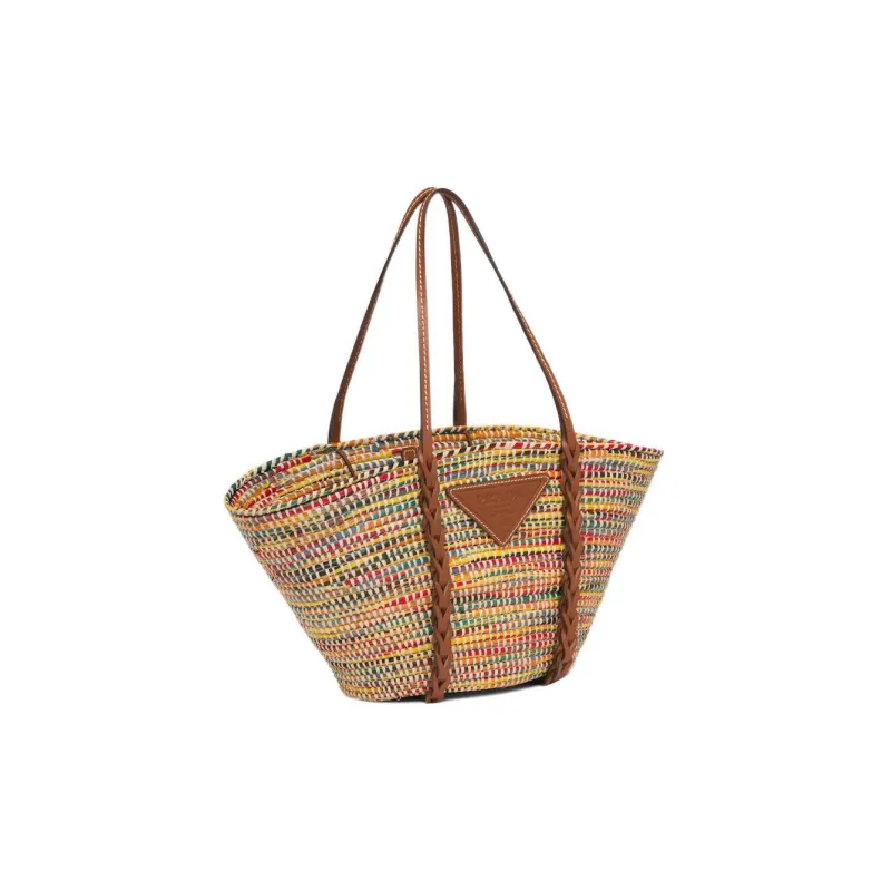 PRADA Straw And Wicker With Leather Tote Bag Shopping Bag Shoulder Bag Handbag Women's Multicolor-1