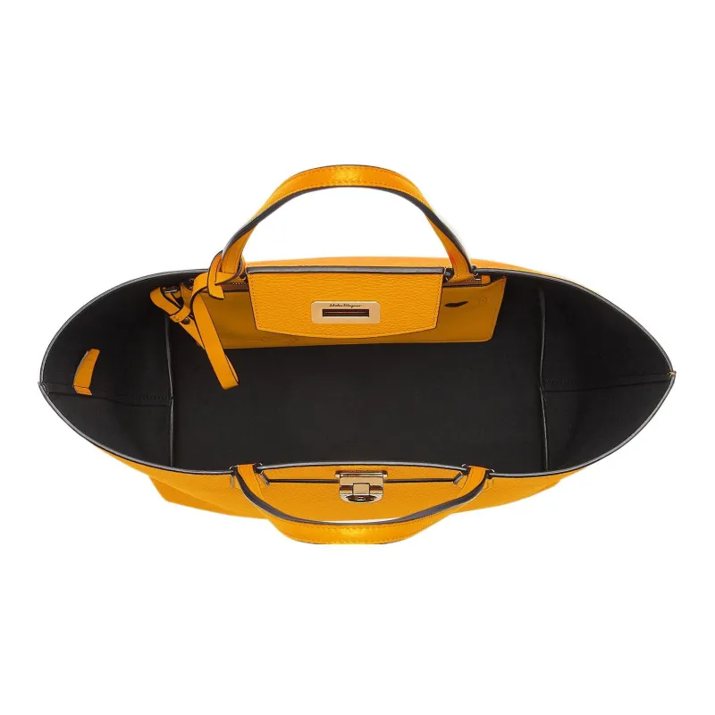 FERRAGAMO GANCINI Stamped Calfskin Tote Bag Shopping Bag Shoulder Bag Handbag Small Size Women's Orange-3