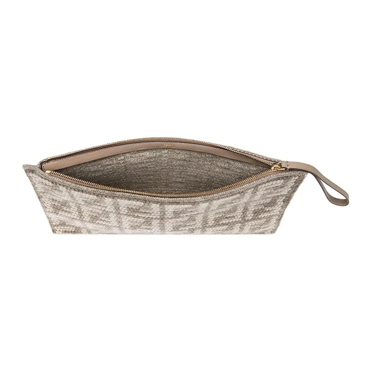 FENDI Leather And Cashmere Blend Clutch Large Size Women's Beige-4
