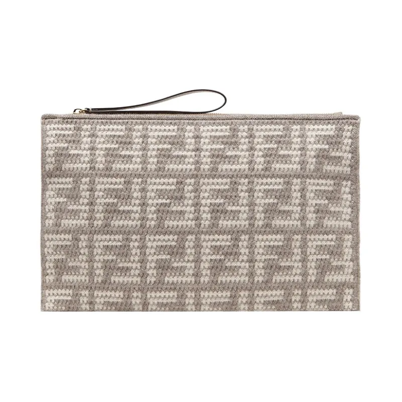 FENDI Leather And Cashmere Blend Clutch Large Size Women's Beige-0