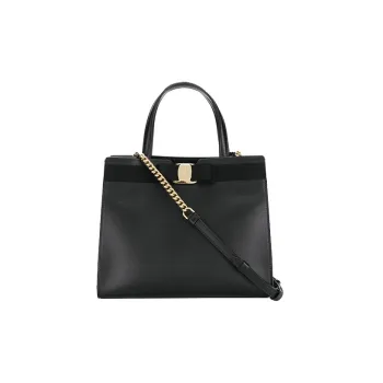 FERRAGAMO Vara Natural Grain Cow Leather Portable Crossbody Bag, Shoulder Bag Medium Size Women's Black