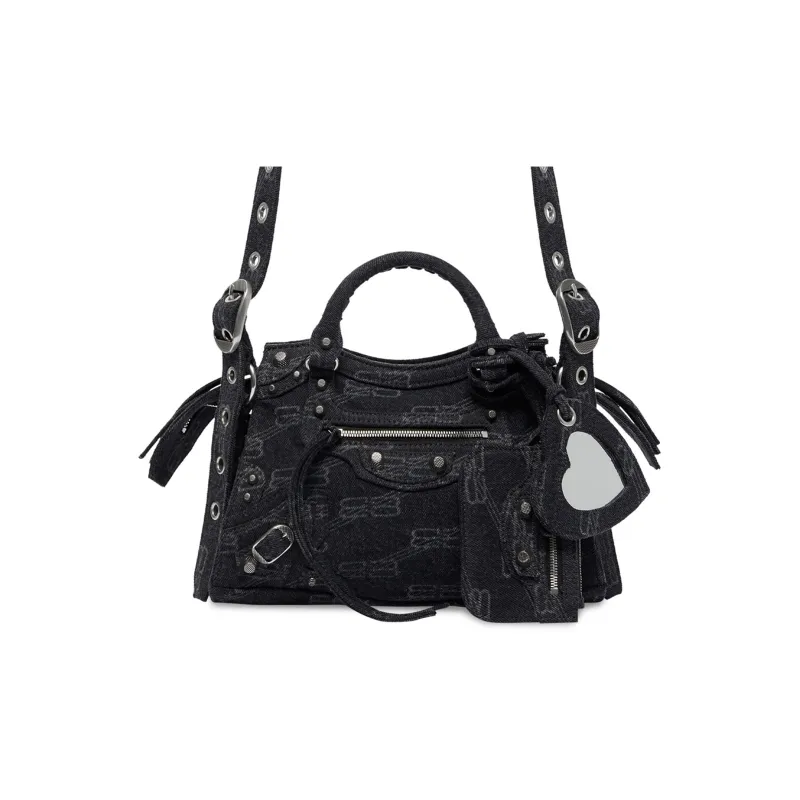 Balenciaga Neo Cagole Denim Cotton Blend Shoulder Bag Crossbody Bag Handbag Extra Small Women's Black-0