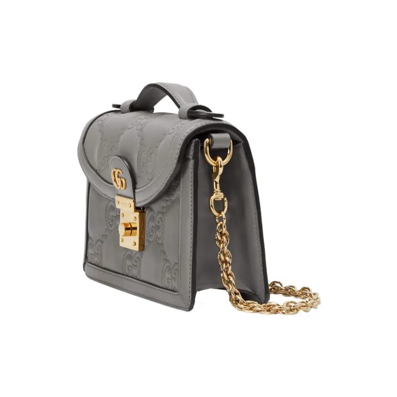 GUCCI GG Matelassé Leather Lock Controller Bag Shoulder Bag Crossbody Bag Small Size Women's Gray-1