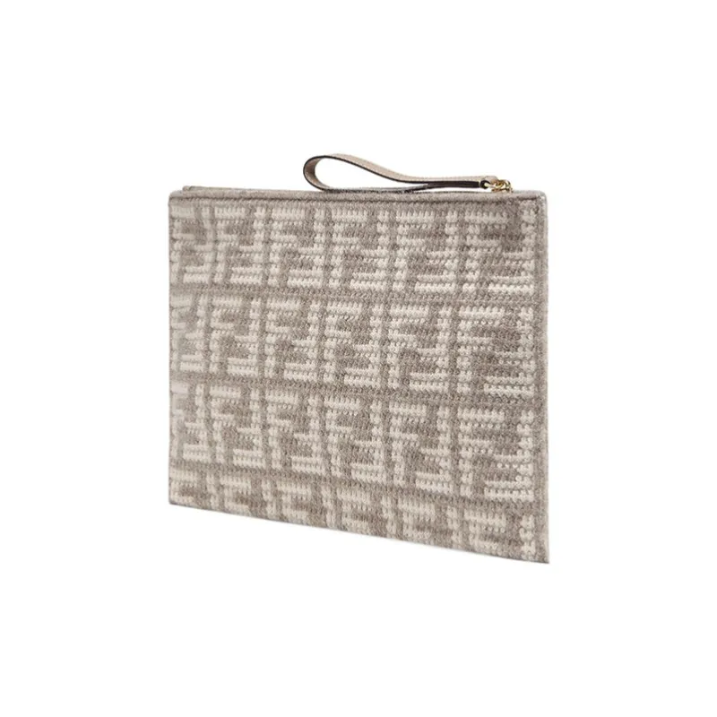 FENDI Leather And Cashmere Blend Clutch Large Size Women's Beige-2