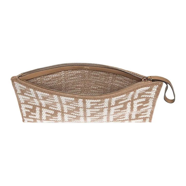 FENDI Cow Leather With Cashmere Clutch Large Size Women's Brown-2