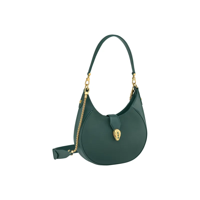 BVLGARI Serpenti Ellipse Grain Calfskin Portable Crossbody Bag, Shoulder Bag Medium Size Women's Green-1
