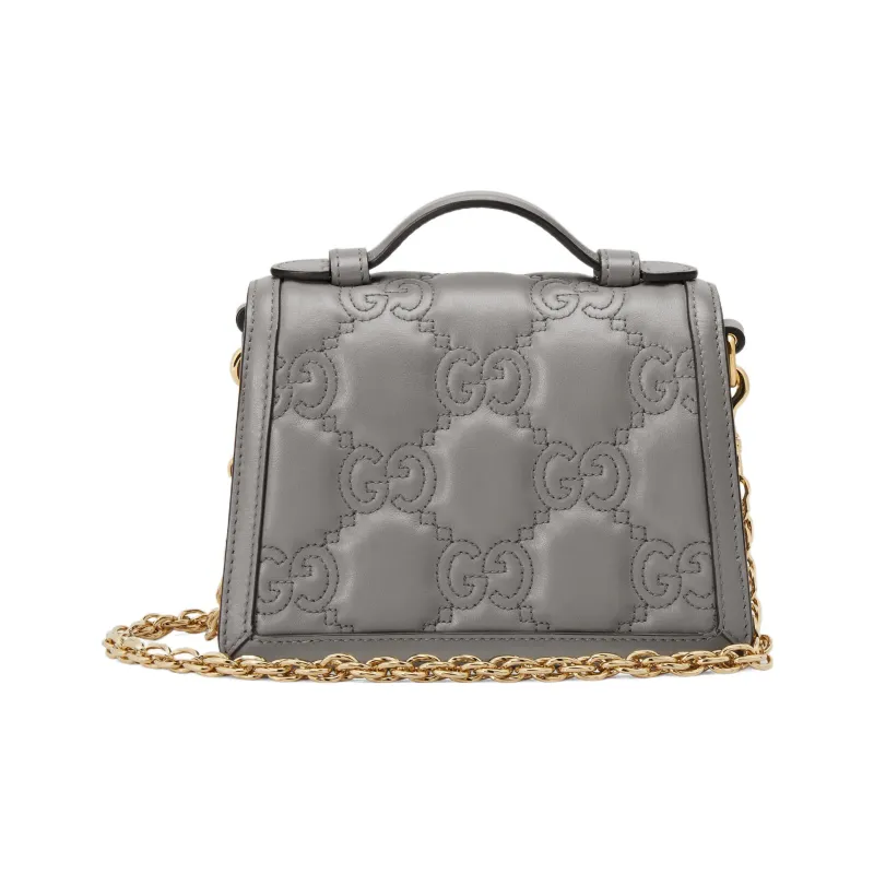 GUCCI GG Matelassé Leather Lock Controller Bag Shoulder Bag Crossbody Bag Small Size Women's Gray-4