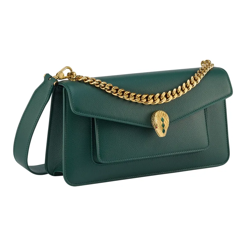 BVLGARI Serpenti East West Grain Calfskin Handheld Crossbody Bag, Shoulder Bag Medium Size Women's Green-3