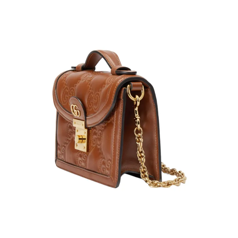 GUCCI GG Matelassé Leather Lock Controller Bag Shoulder Bag Crossbody Bag Small Size Women's Brown-2