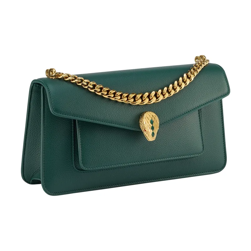 BVLGARI Serpenti East West Grain Calfskin Handheld Crossbody Bag, Shoulder Bag Medium Size Women's Green-1