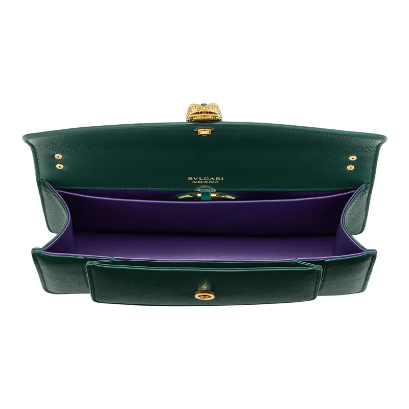 BVLGARI Serpenti East West Grain Calfskin Handheld Crossbody Bag, Shoulder Bag Medium Size Women's Green-4