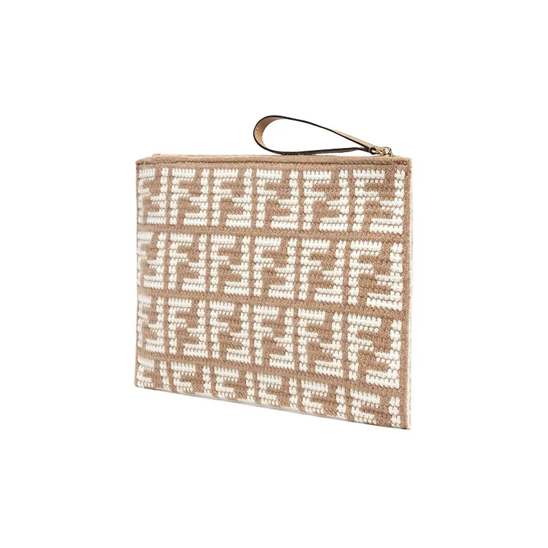 FENDI Cow Leather With Cashmere Clutch Large Size Women's Brown-1