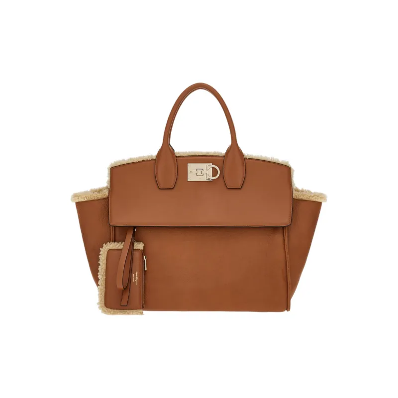 FERRAGAMO Studio Shearling Shoulder Bag Crossbody Bag Handbag Women's Brown-0