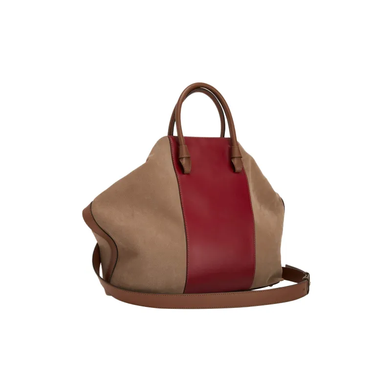 Furla Miastella Calfskin Suede Tote Bag Shopping Bag Shoulder Bag Crossbody Bag Handbag Large Size Women's Red & Brown-2