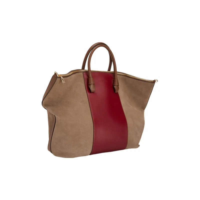 Furla Miastella Calfskin Suede Tote Bag Shopping Bag Shoulder Bag Crossbody Bag Handbag Large Size Women's Red & Brown-1