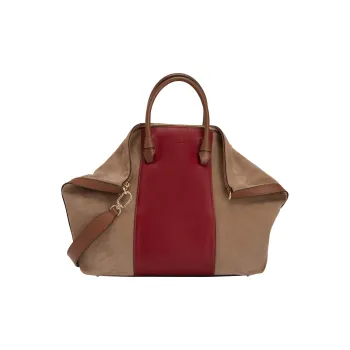 Furla Miastella Calfskin Suede Tote Bag Shopping Bag Shoulder Bag Crossbody Bag Handbag Large Size Women's Red & Brown