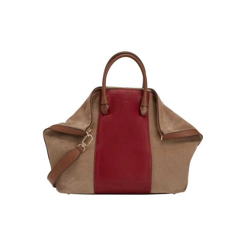 Furla Miastella Calfskin Suede Tote Bag Shopping Bag Shoulder Bag Crossbody Bag Handbag Large Size Women's Red & Brown-0