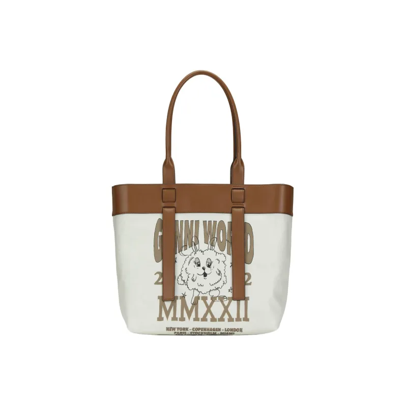 GANNI Canvas With Leather Tote Bag Shopping Bag Canvas Bag One Shoulder Handbag Women's Brown & White-0