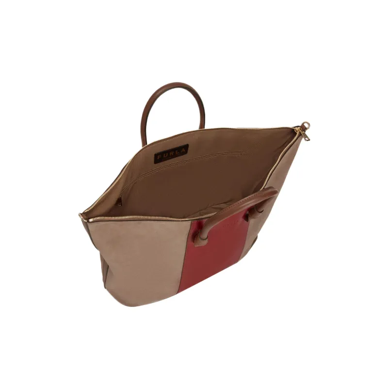 Furla Miastella Calfskin Suede Tote Bag Shopping Bag Shoulder Bag Crossbody Bag Handbag Large Size Women's Red & Brown-3