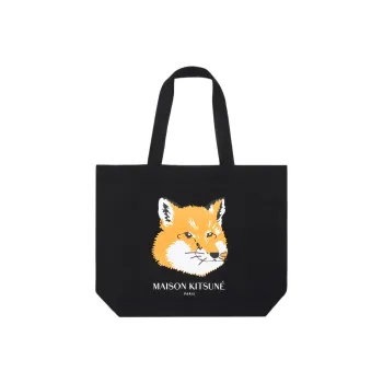 Maison Kitsune Cotton Canvas Tote Bag, Shopping Bag, Canvas Bag, One Shoulder Handbag Regular Unisex Black