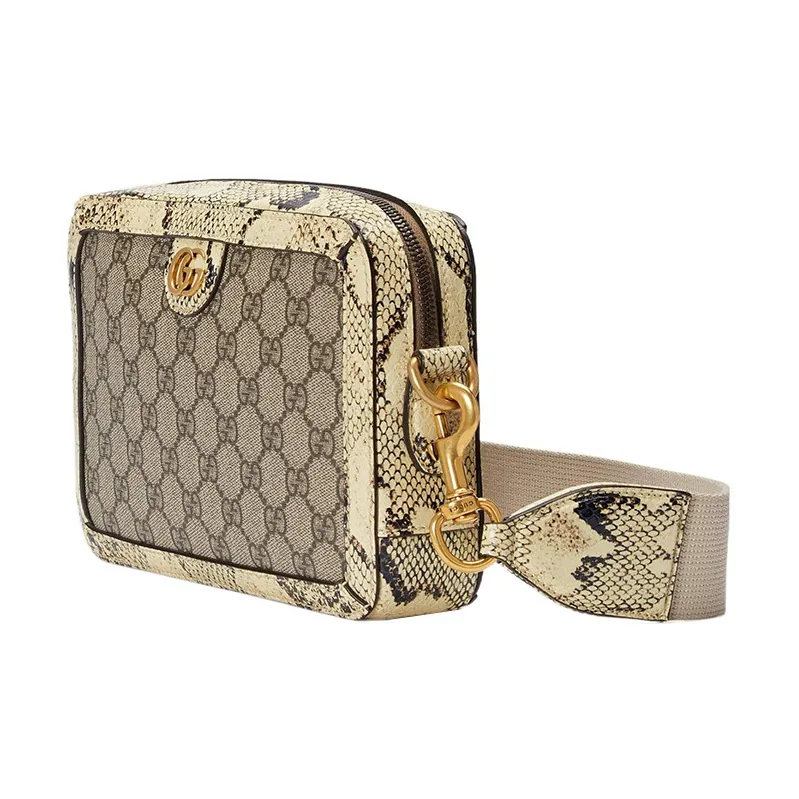 GUCCI Canvas With Python Snakeskin Print Trim Crossbody Bag, Shoulder Bag Men's-3