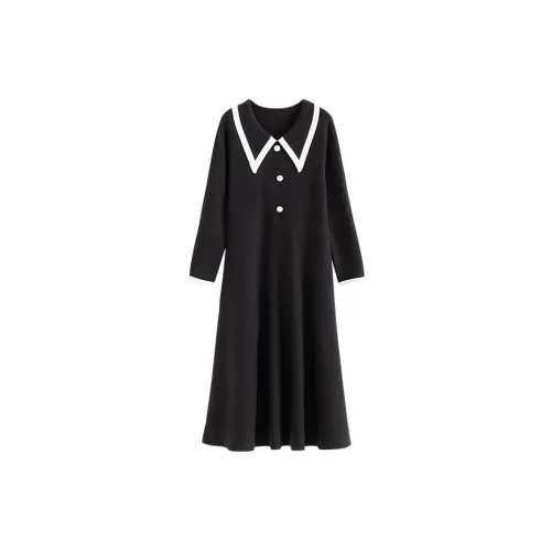 Solitary Long-Sleeved Dresses Women's Black