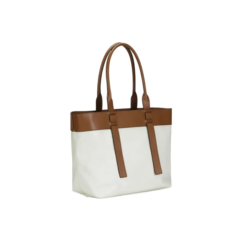 GANNI Canvas With Leather Tote Bag Shopping Bag Canvas Bag One Shoulder Handbag Women's Brown & White-1