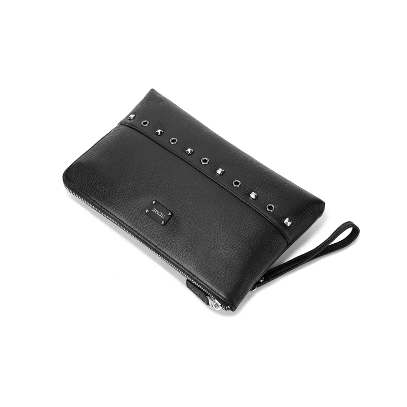 NOMK Top Grain Cow Leather Handheld Envelope Bag Wallet Clutch Large Size Men's Black-4