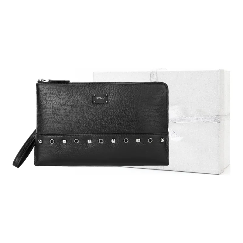 NOMK Top Grain Cow Leather Handheld Envelope Bag Wallet Clutch Large Size Men's Black-6