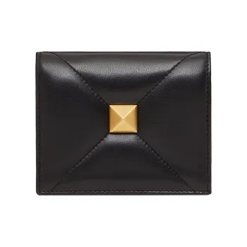 Valentino Roman Stud Napa Calf Leather Card Holder, Wallet Trumpets Women's Black
