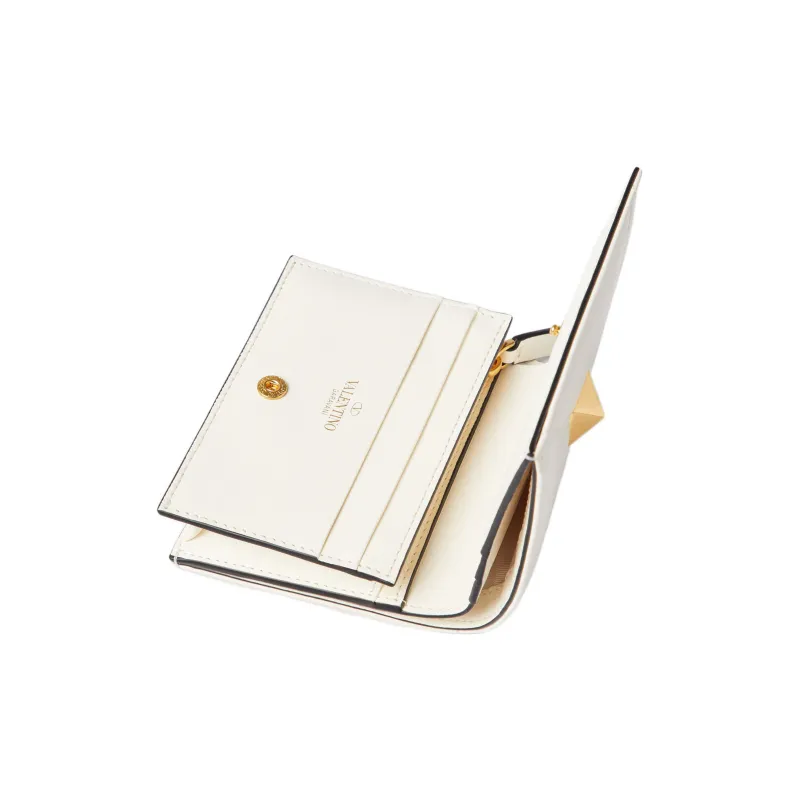 Valentino Roman Stud Napa Calf Leather Card Holder, Wallet Trumpets Women's White-4