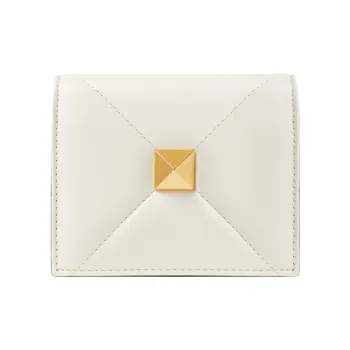 Valentino Roman Stud Napa Calf Leather Card Holder, Wallet Small Size Women's White
