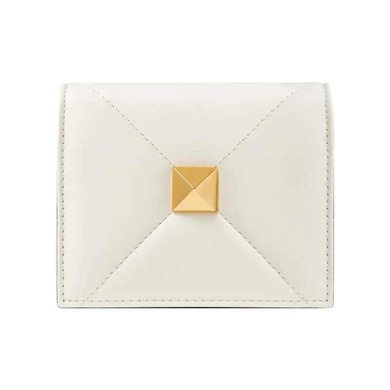 Valentino Roman Stud Napa Calf Leather Card Holder, Wallet Trumpets Women's White-0