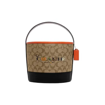 COACH Coated Canvas With Smooth Leather Bucket Bag, One Shoulder Handbag Trumpets Women's Khaki & Black
