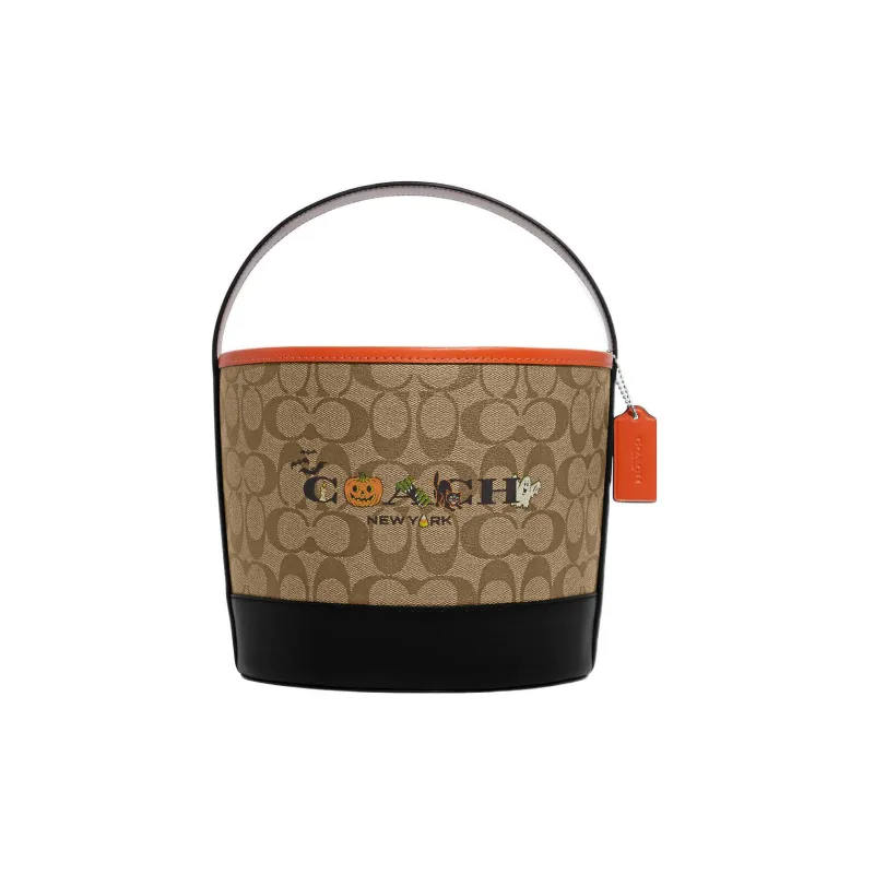 COACH Coated Canvas With Smooth Leather Bucket Bag, One Shoulder Handbag Trumpets Women's Khaki & Black-0
