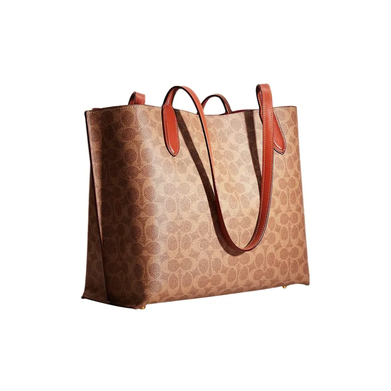 COACH Willow Coated Canvas With Calfskin Tote Bag, Shopping Bag, Shoulder Bag, Handbag Tubas Women's Tan & Rusty-1