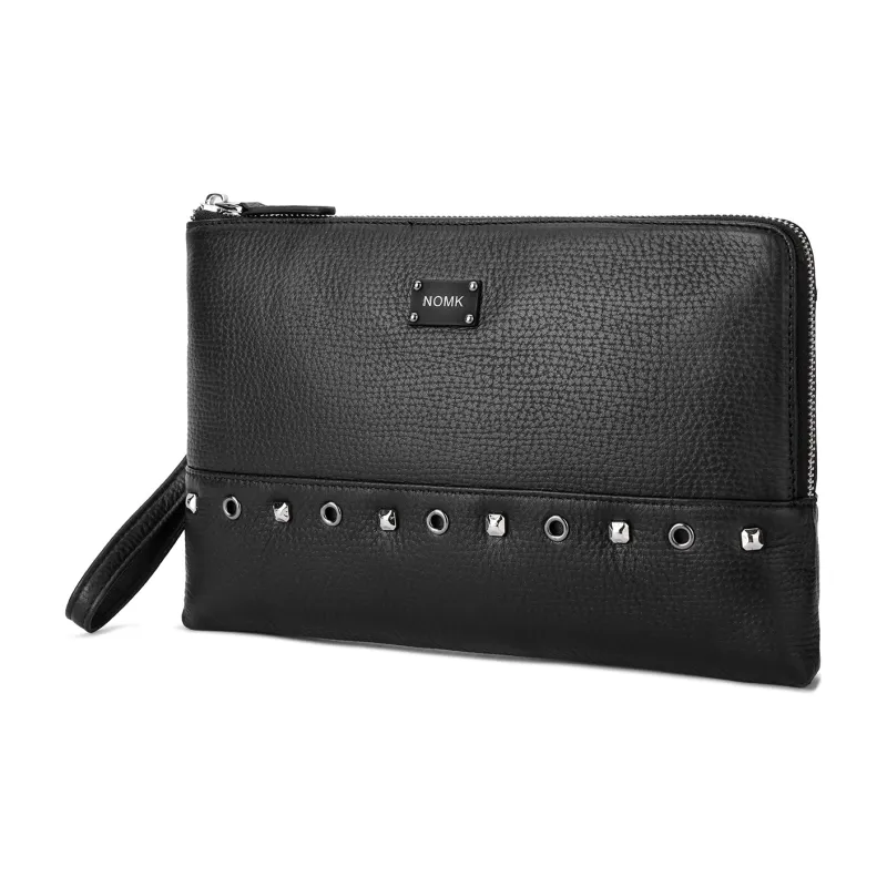 NOMK Top Grain Cow Leather Handheld Envelope Bag Wallet Clutch Large Size Men's Black-1