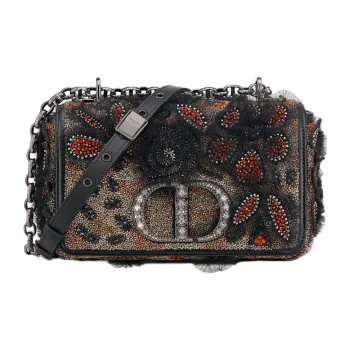 DIOR Caro Embroidered Cow Leather Patchwork Handheld Shoulder Bag Crossbody Bag Small Size Women's Black