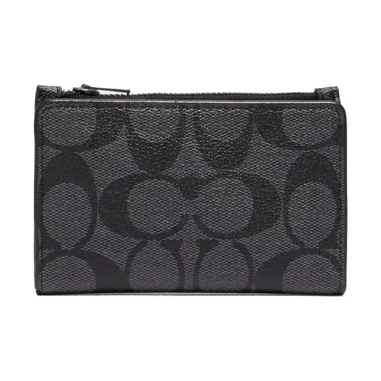 COACH Signature Coated Canvas And Smooth Calfskin Card Holder, Wallet Regular Men's Black-0