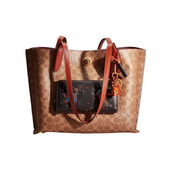 COACH Willow Coated Canvas With Calfskin Tote Bag Shopping Bag Shoulder Bag Handbag Large Size Women's Tan & Rust