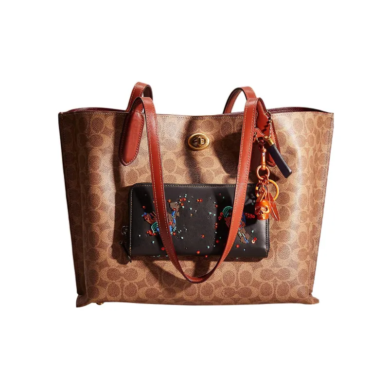COACH Willow Coated Canvas With Calfskin Tote Bag, Shopping Bag, Shoulder Bag, Handbag Tubas Women's Tan & Rusty-0