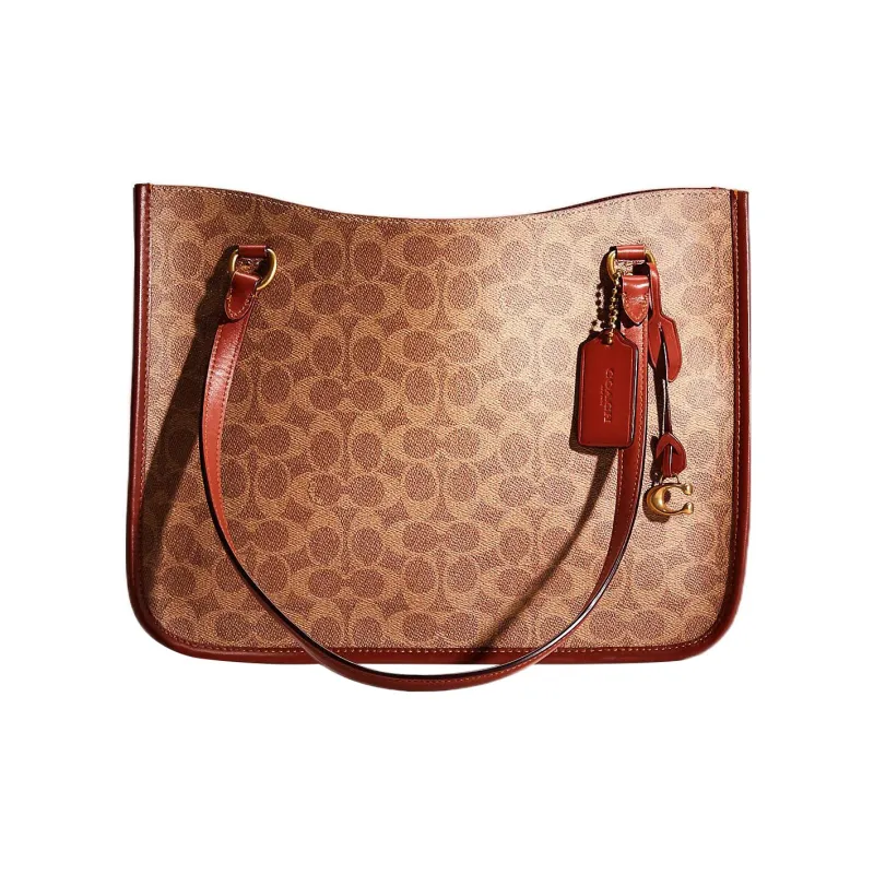 COACH Tyler Coated Canvas With Calfskin Tote Bag Shopping Bag Shoulder Bag Handbag Large Size Women's Tan & Rust-0