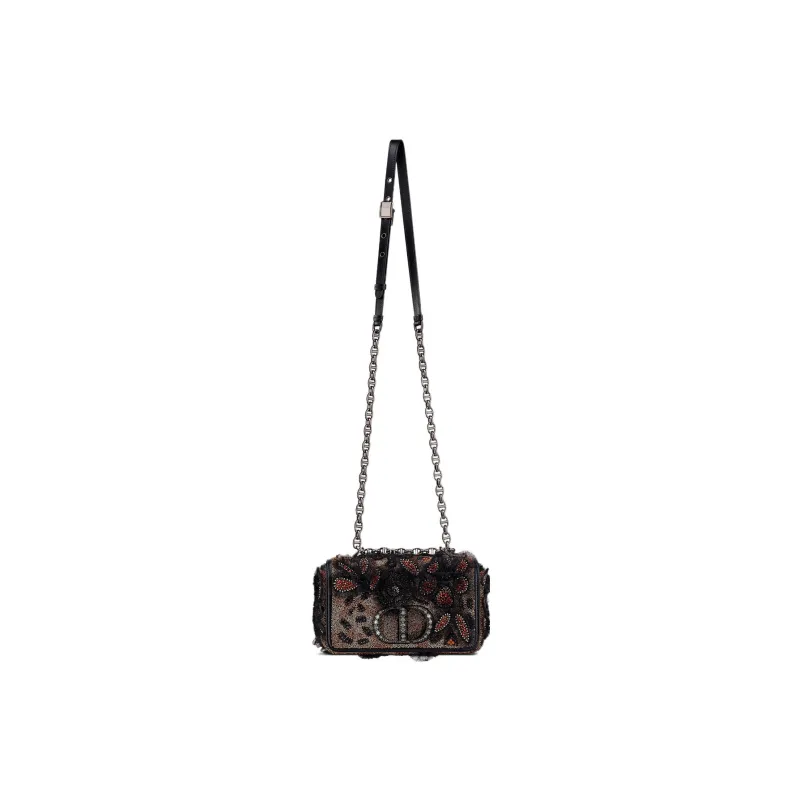 DIOR Caro Embroidered Cow Leather Patchwork Handheld Shoulder Bag Crossbody Bag Small Size Women's Black-4