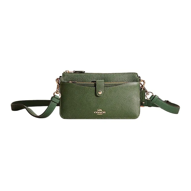 COACH Noa Pop Up Polished Pebbled Leather Shoulder Bag, Crossbody Bag Trumpets Women's Hunter Green Color-0