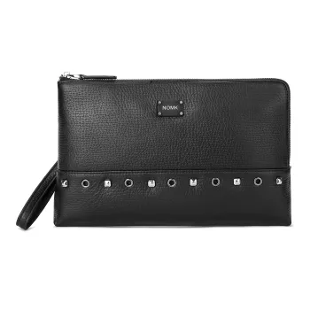 NOMK Top Grain Cow Leather Handheld Envelope Bag Wallet Clutch Large Size Men's Black