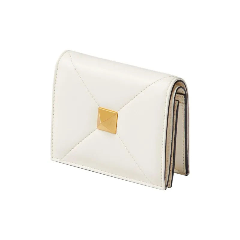 Valentino Roman Stud Napa Calf Leather Card Holder, Wallet Trumpets Women's White-2
