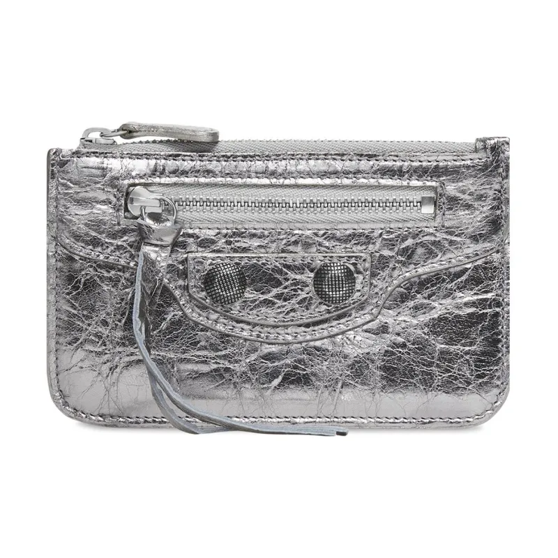 Balenciaga Le Cagole Metallic Finish Fine-Grained Sheepskin Card Clip Card Holder Women's Silver-0