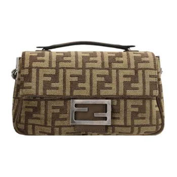 FENDI Baguette Fabric With Cow Leather Handbag, Crossbody Bag, Shoulder Bag Medium Size Women's Beige/Brown